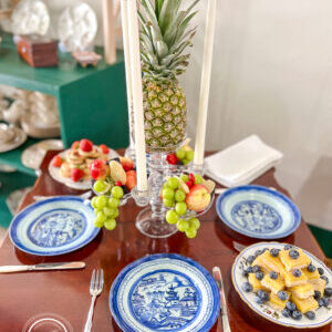 Tablescape inspired by the Federal era dessert tables with glass epergne, pineapple, Blue Canton, and pyramid stacked sweetmeats