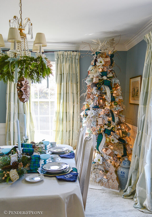 My dining room decorated for the holidays in a gingerbread forest Christmas theme