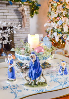 Making spirits bright with this frosted pastel Christmas decor in Katherine's blue and white den.