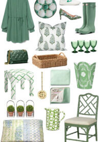 Green finds for your wardrobe, home, and tabletop! Collage of shopping guide picks.