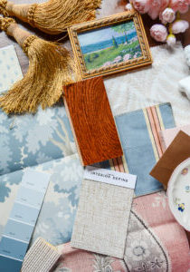 blue, white, and pink mood board for decorating a space with Raphael wallpaper
