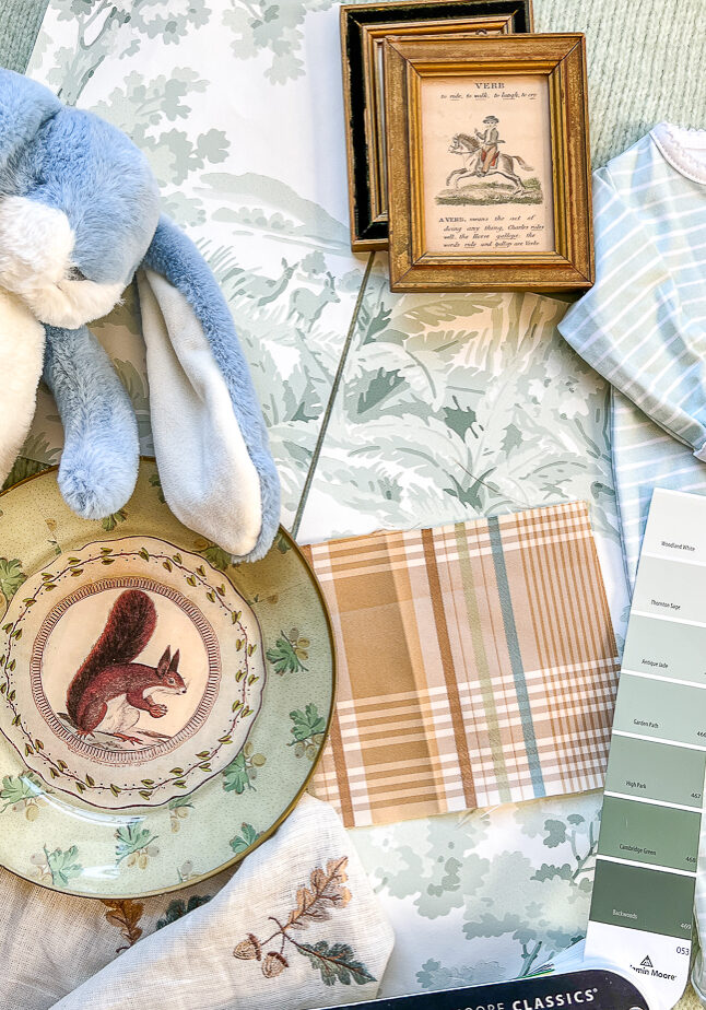 Our nursery plans for baby boy Medlin with a green and white color scheme, woodland wallpaper, wainscoting, and plaid window treatments
