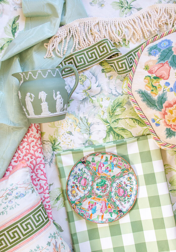 Pattern play flatlay with fabrics, patterns, and decor from my grandmillennial living room