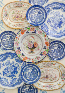 Group of blue and white and floral English antique plates - how to research and identify antique plates