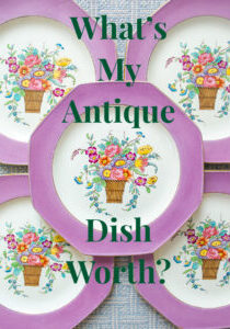 Title graphic: Wedgwood purple floral plates with text overlay: What's my antique dish worth?